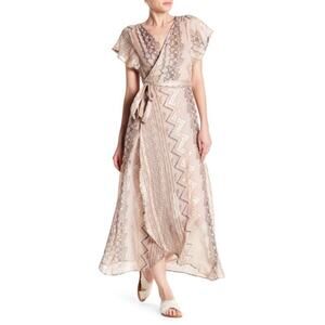 Z&L Europe sheer dress wrap design, surplice neck, flutter sleeves aztec small